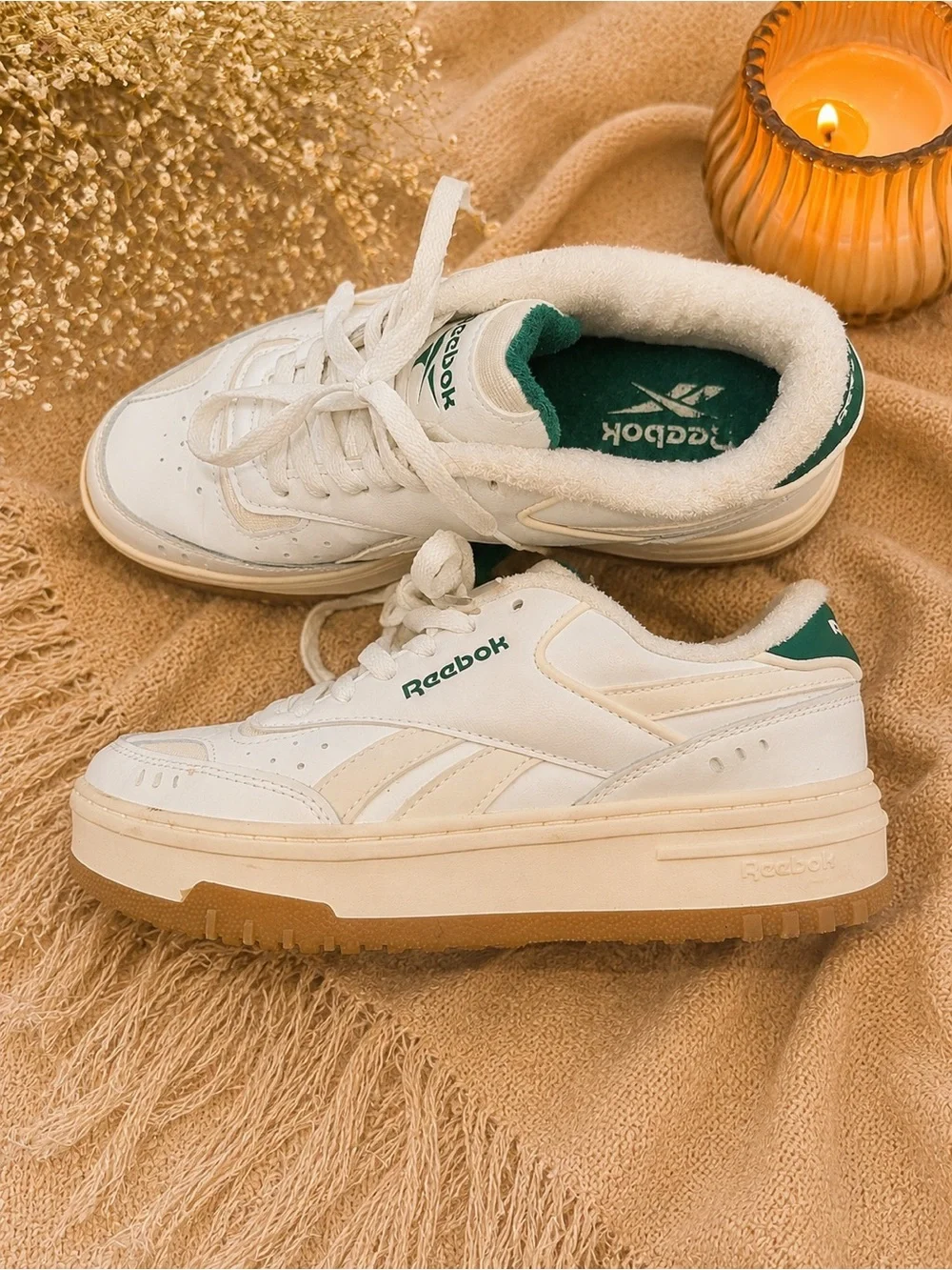 Reebok White Sneakers with Green Detailing